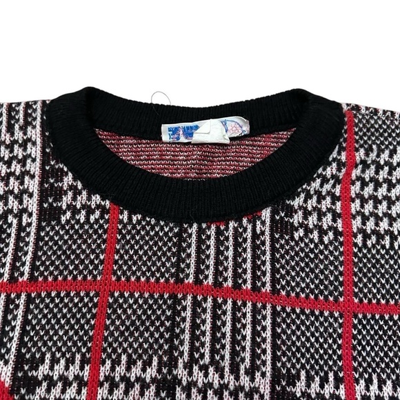 Vintage 80s Rose Plaid Floral Sweater Women’s Size XS Black Red Houndstooth - Picture 4 of 15